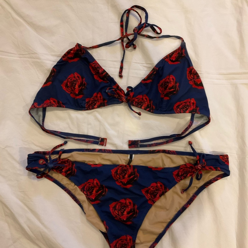 J. Crew Blue and Red Floral Bikini